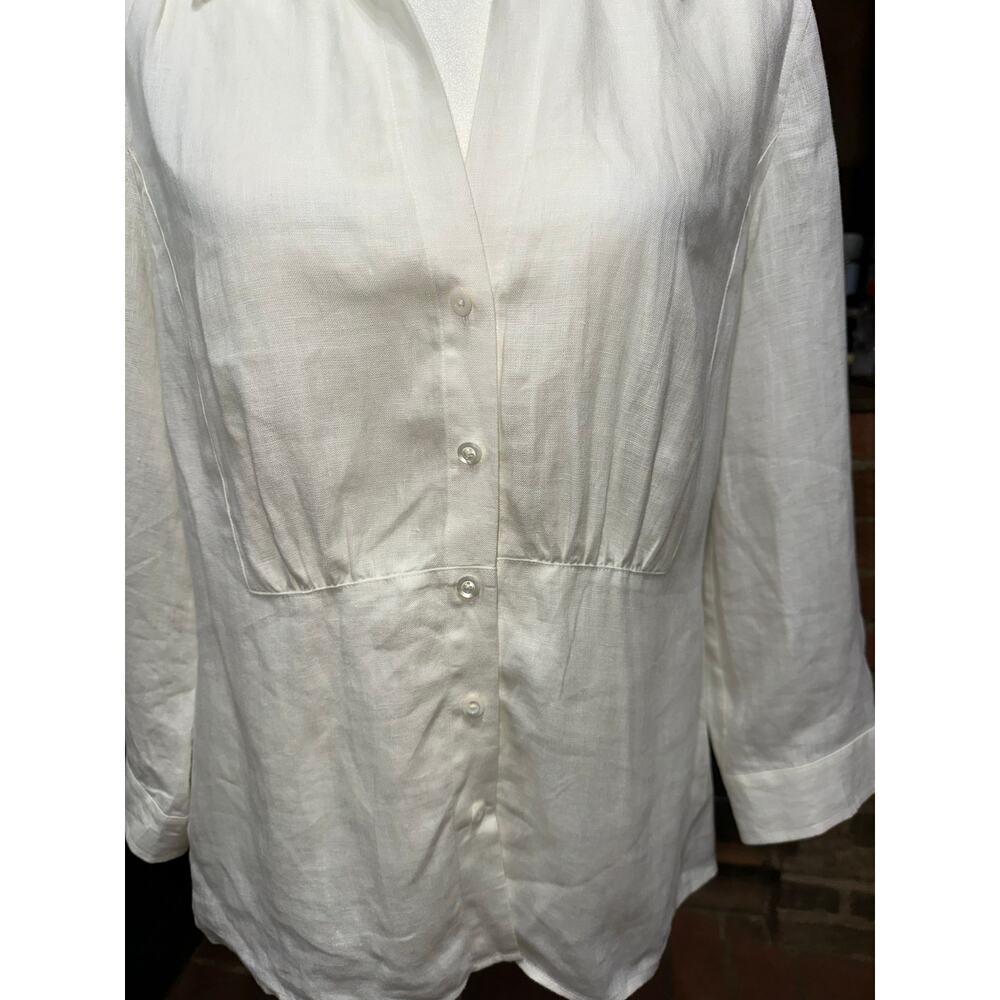 Talbots Irish Linen Button Up Blouse Gather Detail Waist Off white 12 Office - Picture 2 of 7